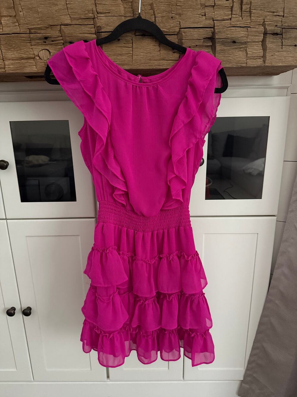 1.State Magenta Pink Flutter Sleeve Ruffle Tiered Mini Dress XS Coquette